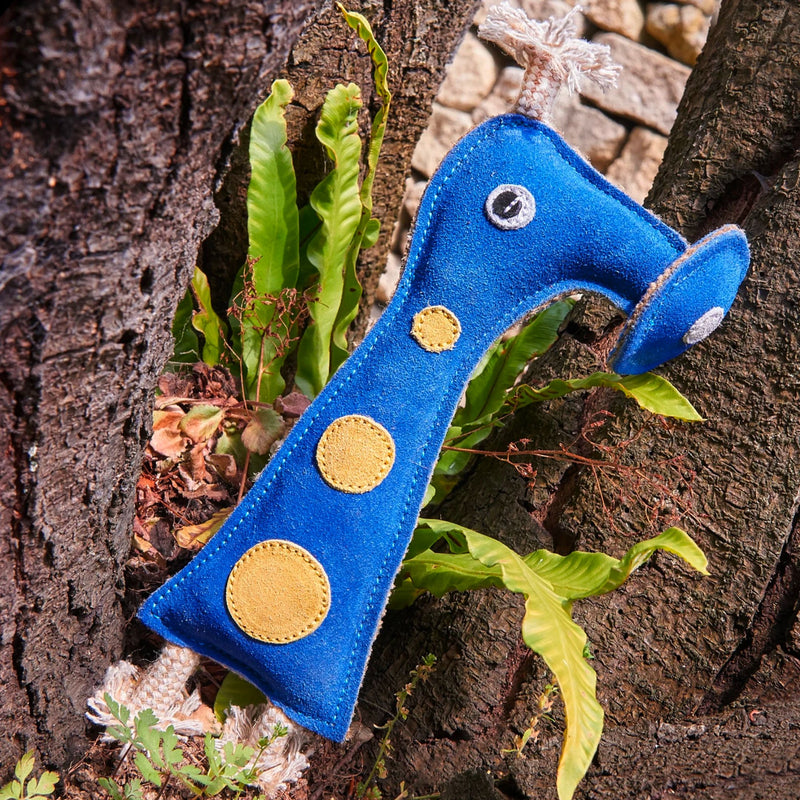 Smorg from Green Planet Eco Alien Dog Toy outside resting on a tree